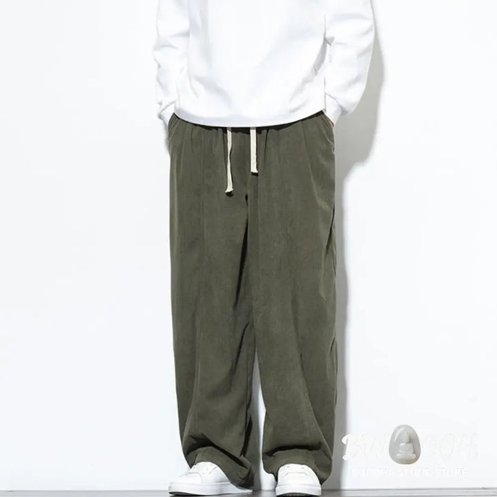 Buddha Stones Plain Drawstring Pure Cotton Corduroy Men’s Harem Pants With Pockets - Men’s Harem Pants