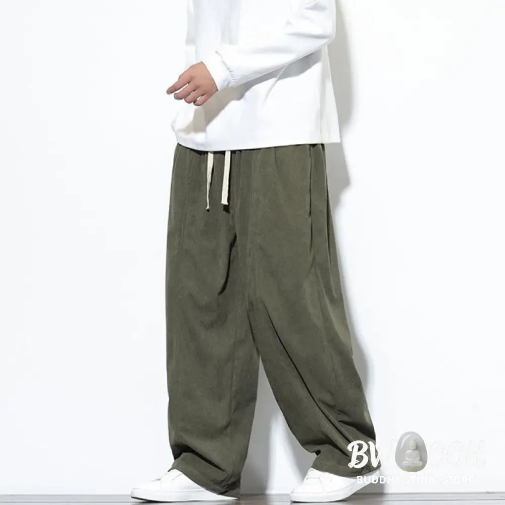 Buddha Stones Plain Drawstring Pure Cotton Corduroy Men’s Harem Pants With Pockets - Men’s Harem Pants