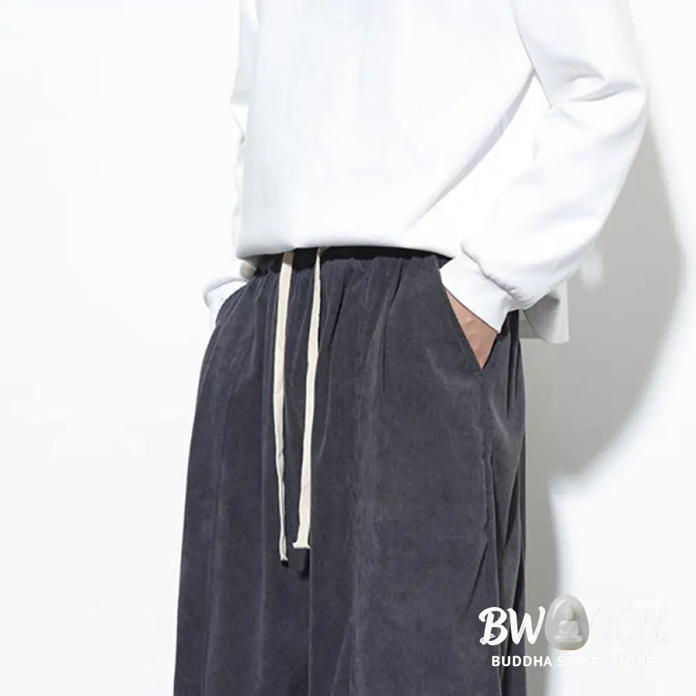 Buddha Stones Plain Drawstring Pure Cotton Corduroy Men’s Harem Pants With Pockets - Men’s Harem Pants