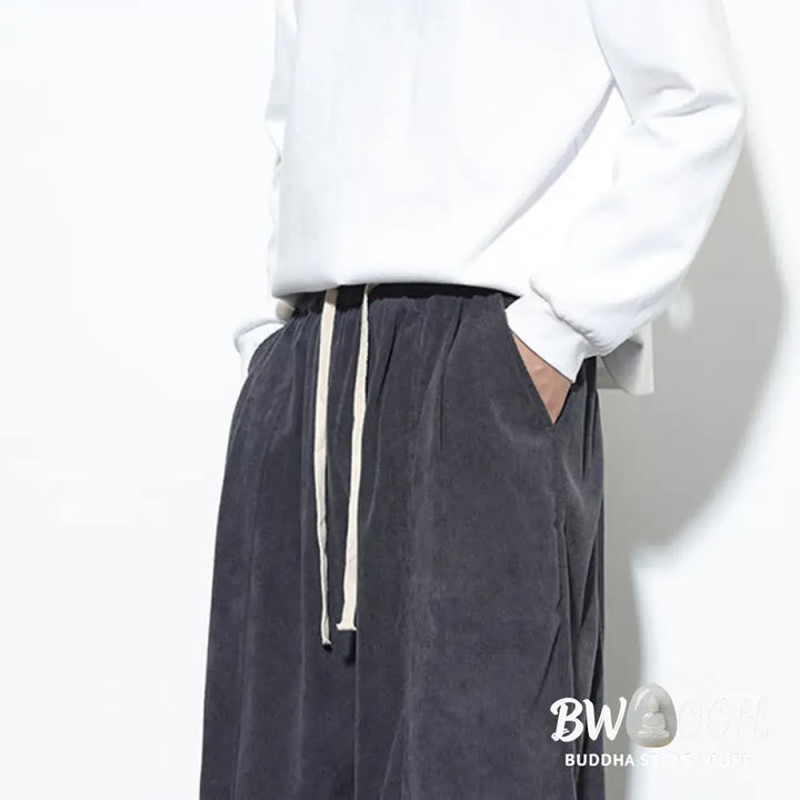 Buddha Stones Plain Drawstring Pure Cotton Corduroy Men’s Harem Pants With Pockets - Men’s Harem Pants