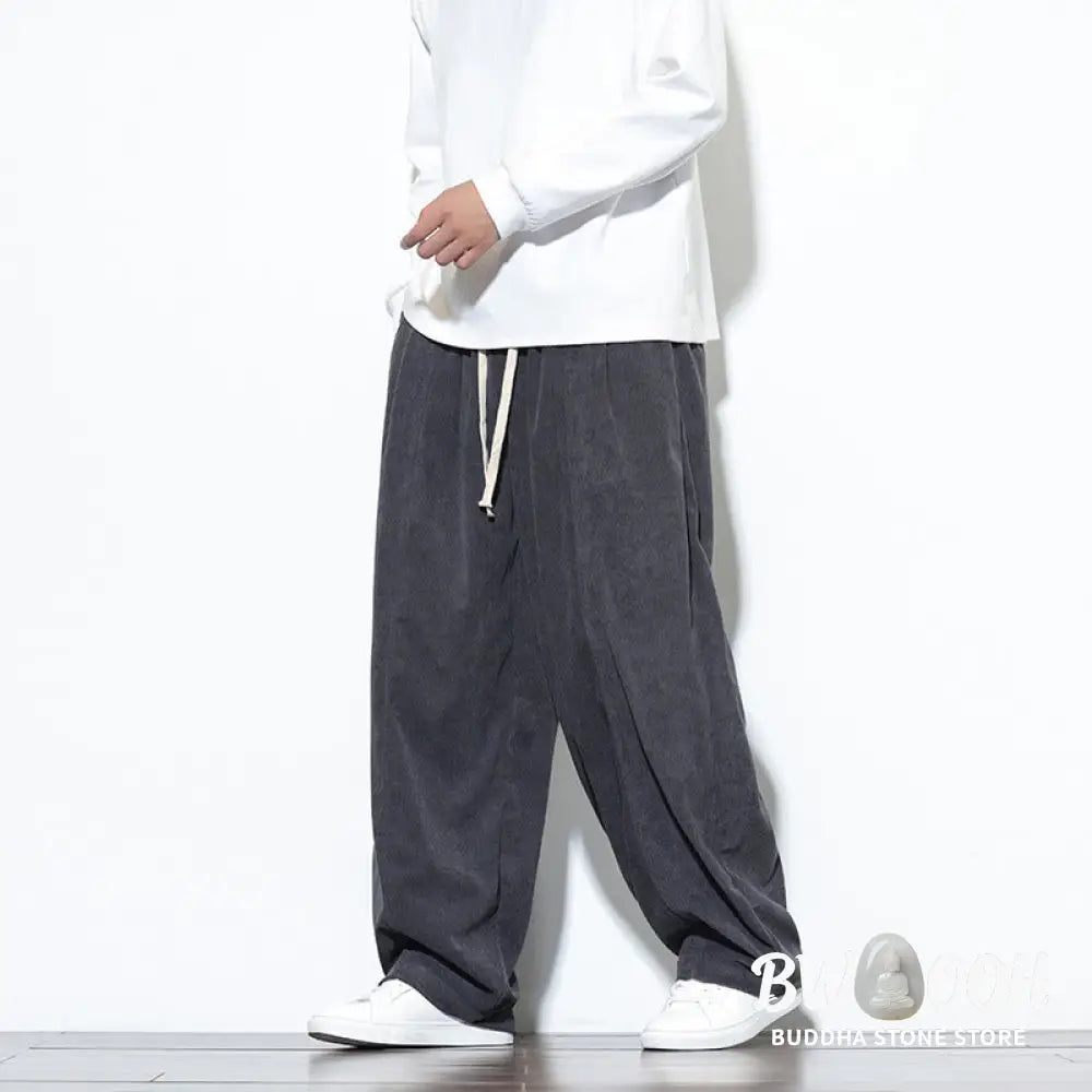 Buddha Stones Plain Drawstring Pure Cotton Corduroy Men’s Harem Pants With Pockets - Men’s Harem Pants