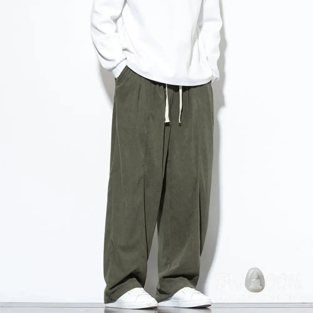 Buddha Stones Plain Drawstring Pure Cotton Corduroy Men’s Harem Pants With Pockets - Men’s Harem Pants