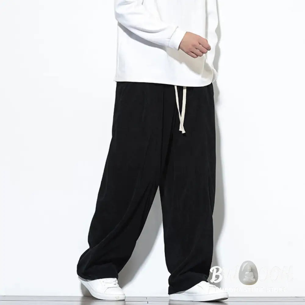 Buddha Stones Plain Drawstring Pure Cotton Corduroy Men’s Harem Pants With Pockets - Men’s Harem Pants
