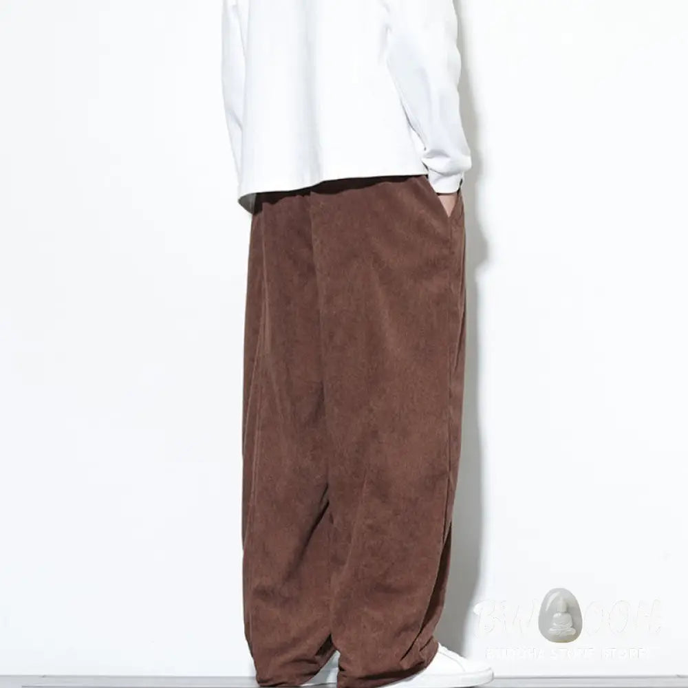 Buddha Stones Plain Drawstring Pure Cotton Corduroy Men’s Harem Pants With Pockets - Men’s Harem Pants