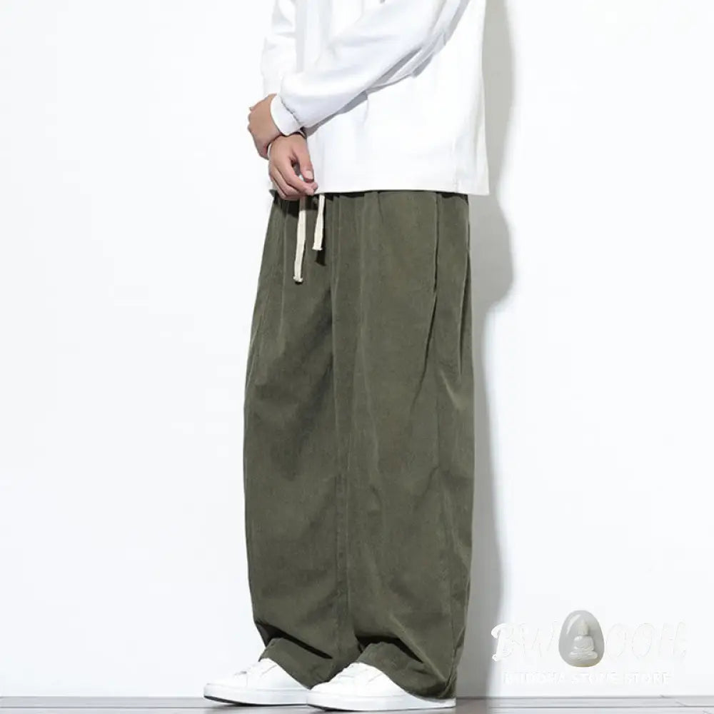 Buddha Stones Plain Drawstring Pure Cotton Corduroy Men’s Harem Pants With Pockets - Men’s Harem Pants