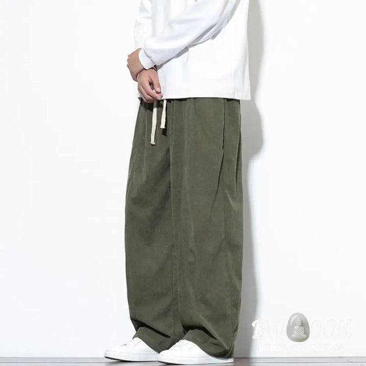 Buddha Stones Plain Drawstring Pure Cotton Corduroy Men’s Harem Pants With Pockets - Men’s Harem Pants