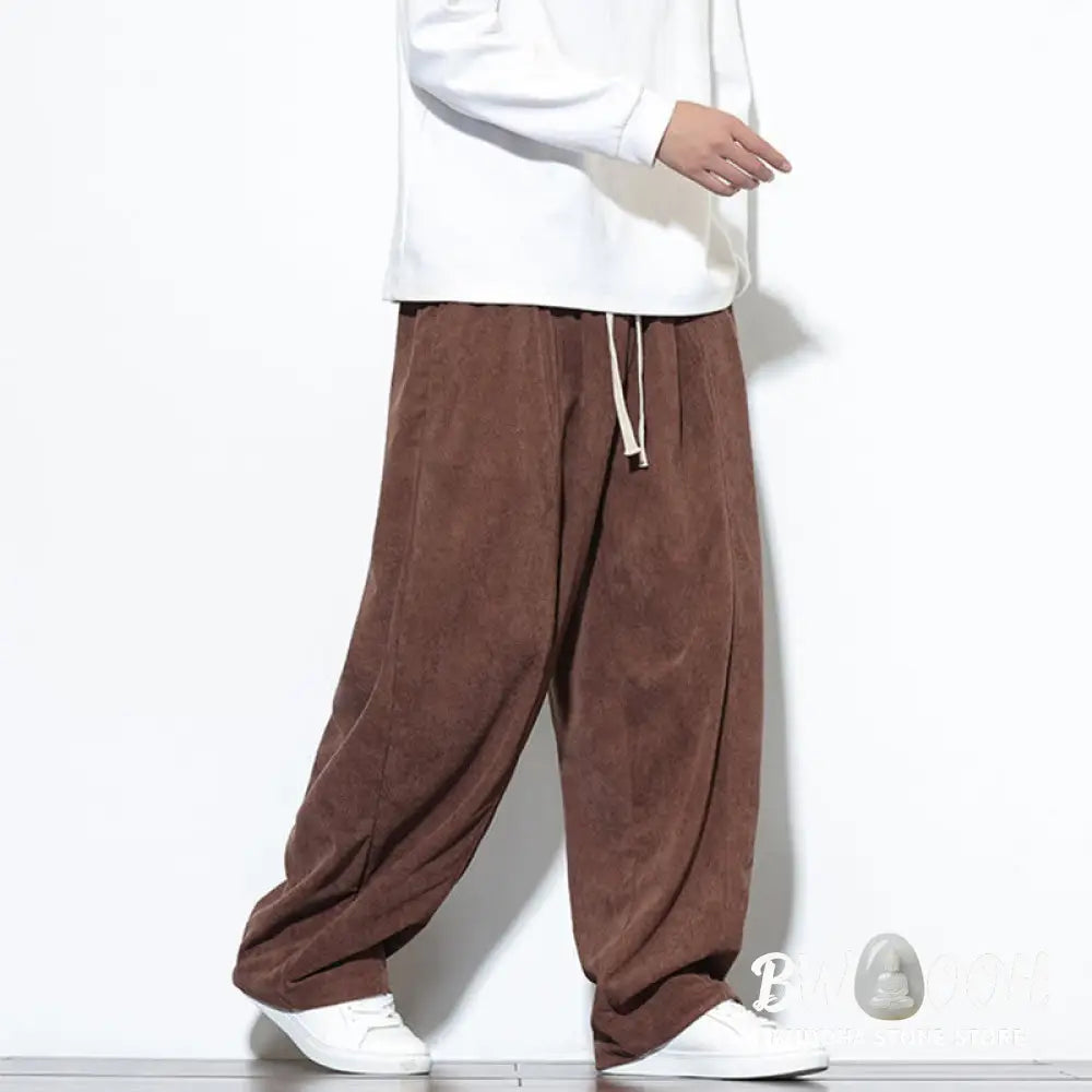 Buddha Stones Plain Drawstring Pure Cotton Corduroy Men’s Harem Pants With Pockets - Men’s Harem Pants