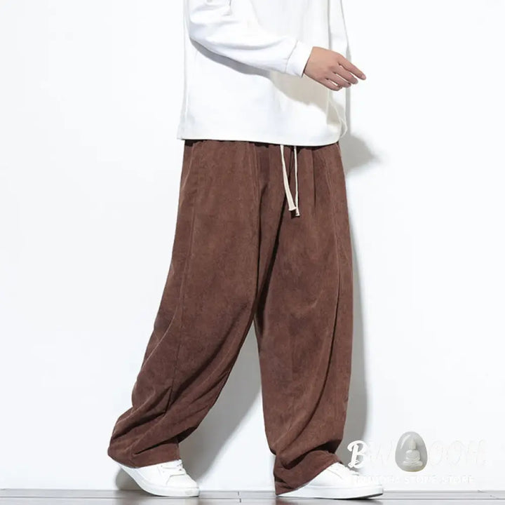 Buddha Stones Plain Drawstring Pure Cotton Corduroy Men’s Harem Pants With Pockets - Men’s Harem Pants