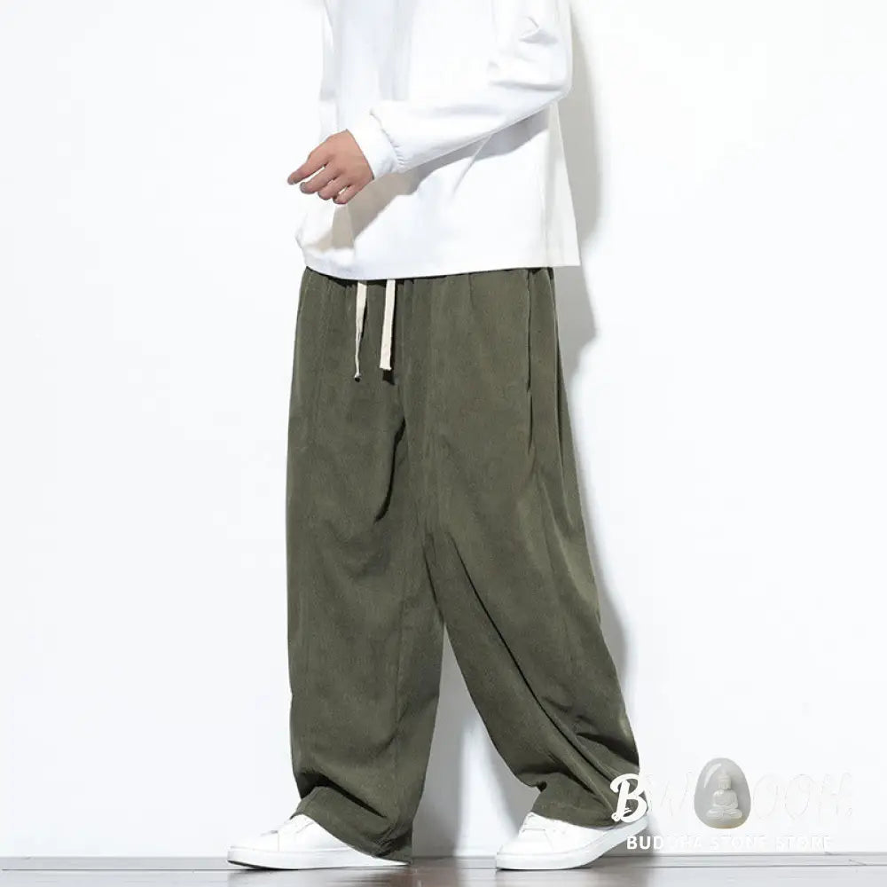Buddha Stones Plain Drawstring Pure Cotton Corduroy Men’s Harem Pants With Pockets - Men’s Harem Pants