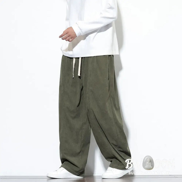 Buddha Stones Plain Drawstring Pure Cotton Corduroy Men’s Harem Pants With Pockets - Men’s Harem Pants