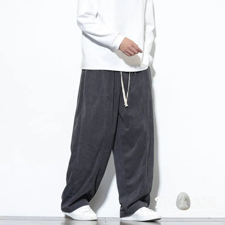 Buddha Stones Plain Drawstring Pure Cotton Corduroy Men’s Harem Pants With Pockets - Men’s Harem Pants