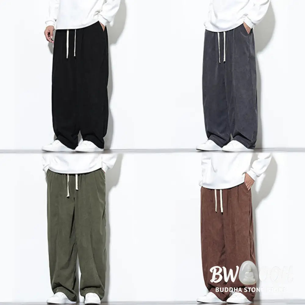 Buddha Stones Plain Drawstring Pure Cotton Corduroy Men’s Harem Pants With Pockets - Men’s Harem Pants
