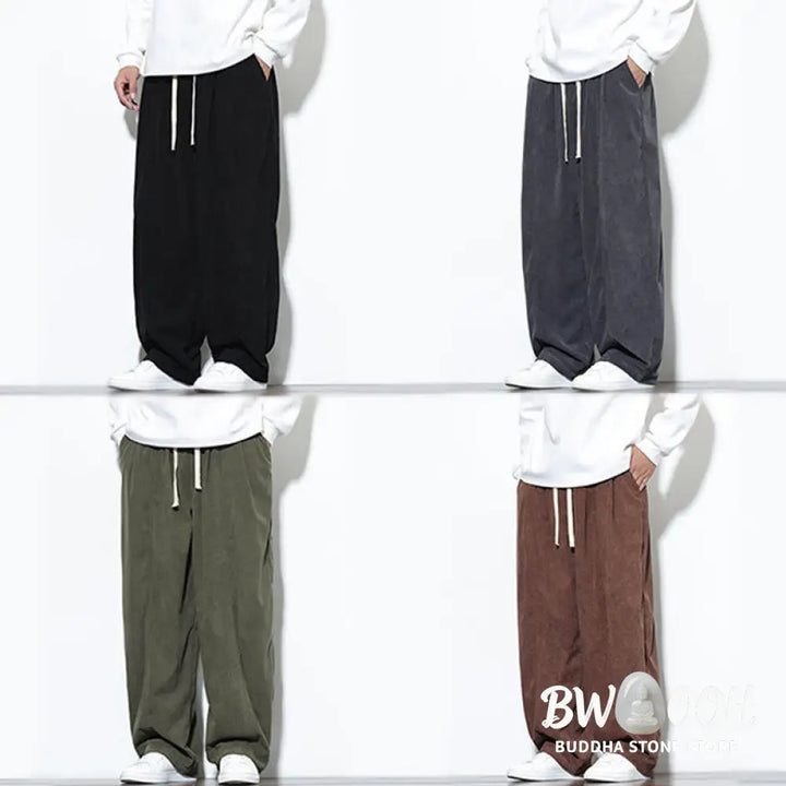 Buddha Stones Plain Drawstring Pure Cotton Corduroy Men’s Harem Pants With Pockets - Men’s Harem Pants