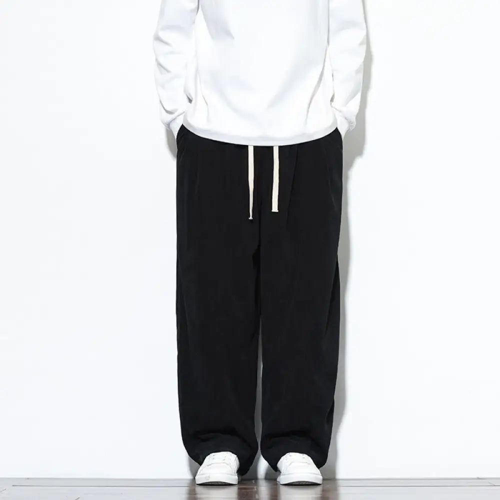 Buddha Stones Plain Drawstring Pure Cotton Corduroy Men’s Harem Pants With Pockets - Black / US/UK/AU36，EU46 (L)