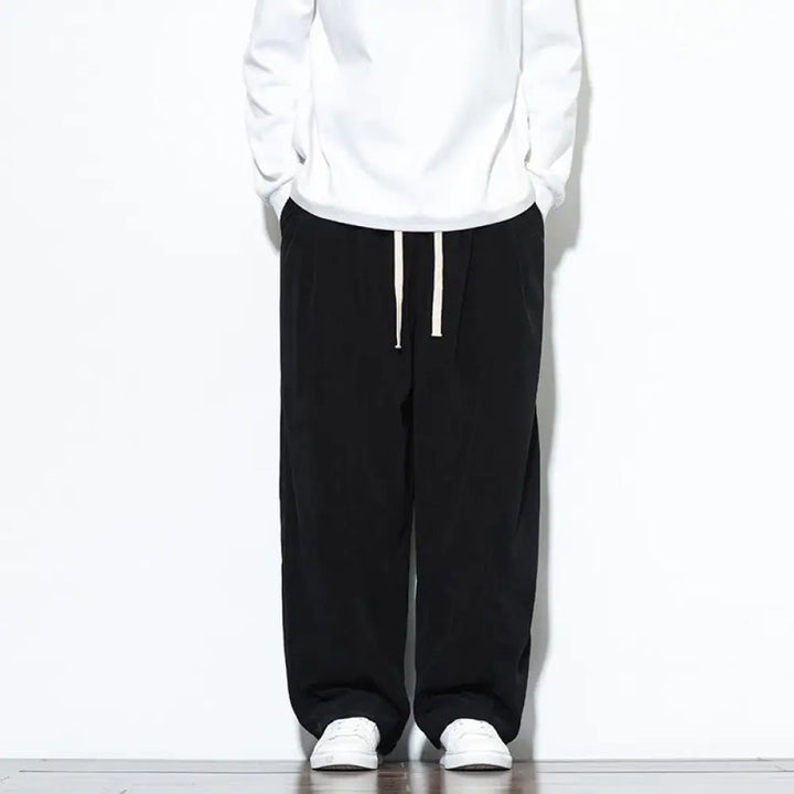 Buddha Stones Plain Drawstring Pure Cotton Corduroy Men’s Harem Pants With Pockets - Black / US/UK/AU36，EU46 (L)