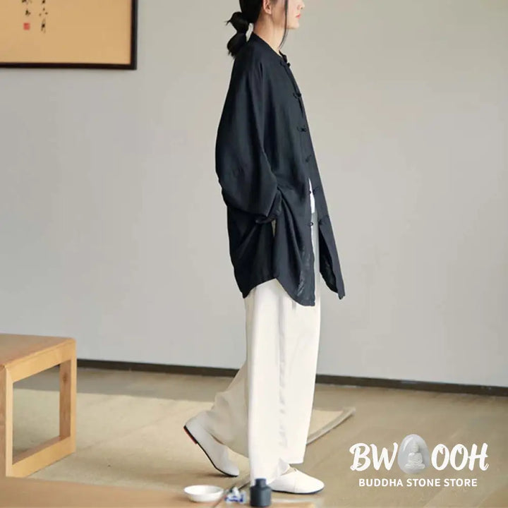 Buddha Stones Plain Frog-Button Design Shirt Zen Tai Chi Meditation Top Clothing Cotton Linen Jacket - Jacket Shirt
