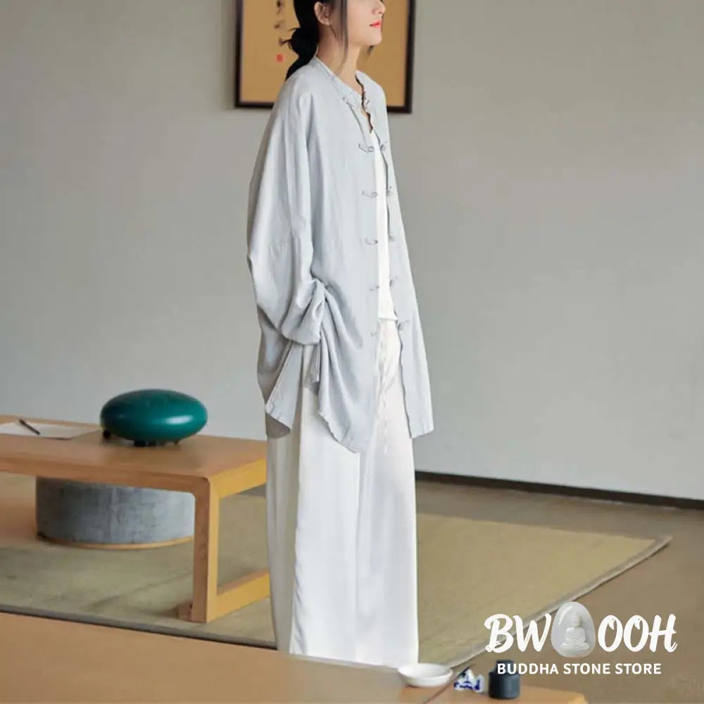 Buddha Stones Plain Frog-Button Design Shirt Zen Tai Chi Meditation Top Clothing Cotton Linen Jacket - Jacket Shirt