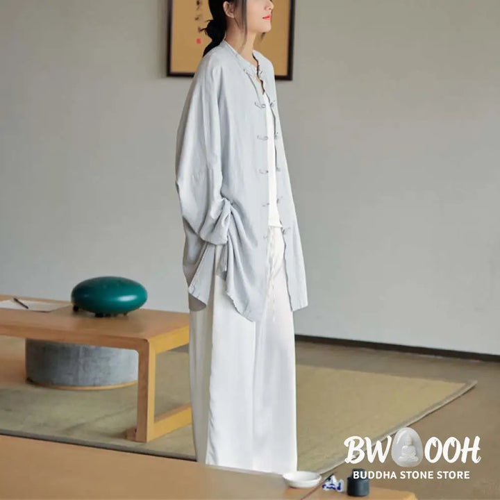 Buddha Stones Plain Frog-Button Design Shirt Zen Tai Chi Meditation Top Clothing Cotton Linen Jacket - Jacket Shirt