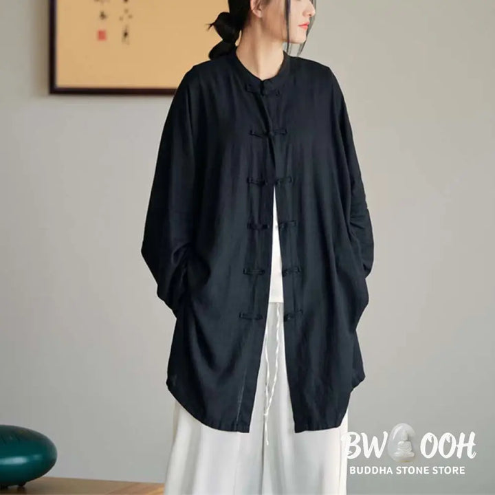 Buddha Stones Plain Frog-Button Design Shirt Zen Tai Chi Meditation Top Clothing Cotton Linen Jacket - Jacket Shirt