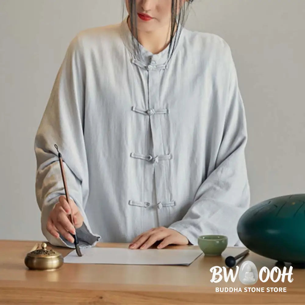 Buddha Stones Plain Frog-Button Design Shirt Zen Tai Chi Meditation Top Clothing Cotton Linen Jacket - Jacket Shirt