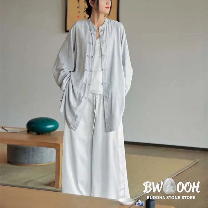 Buddha Stones Plain Frog-Button Design Shirt Zen Tai Chi Meditation Top Clothing Cotton Linen Jacket - Jacket Shirt
