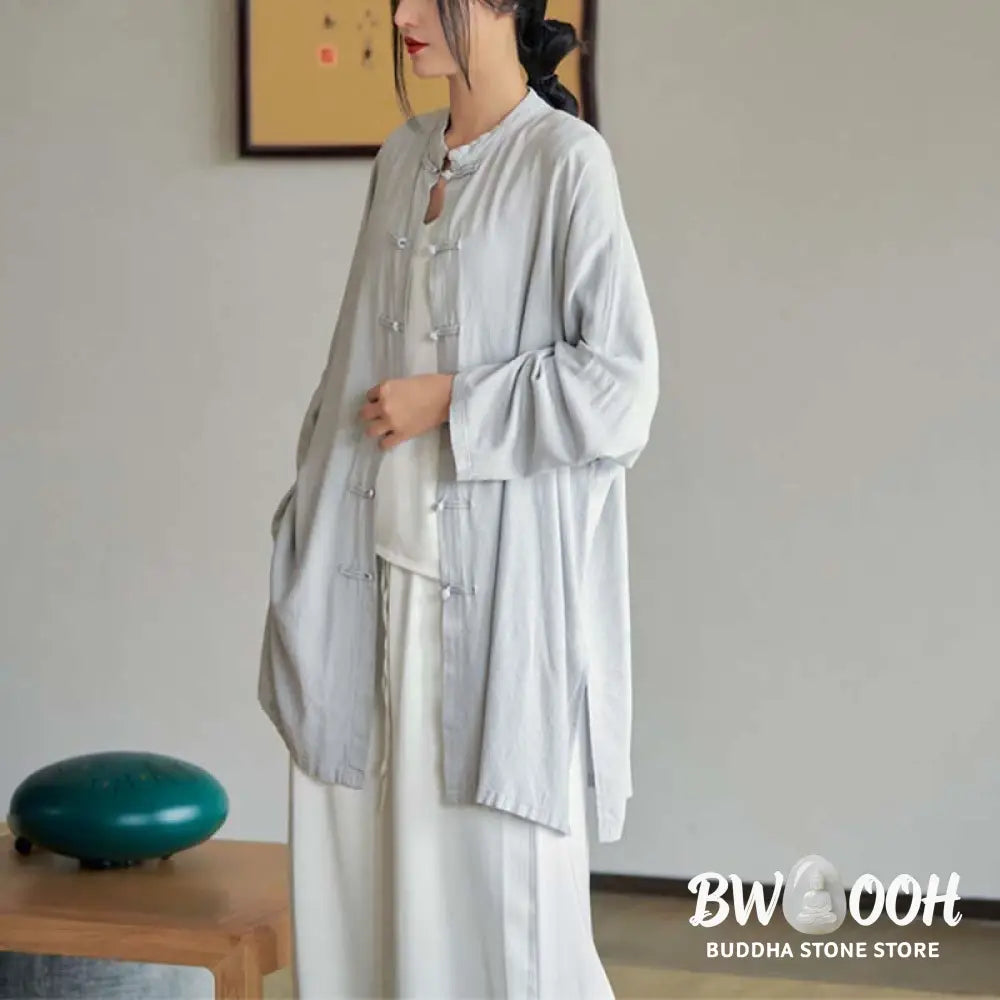 Buddha Stones Plain Frog-Button Design Shirt Zen Tai Chi Meditation Top Clothing Cotton Linen Jacket - Jacket Shirt