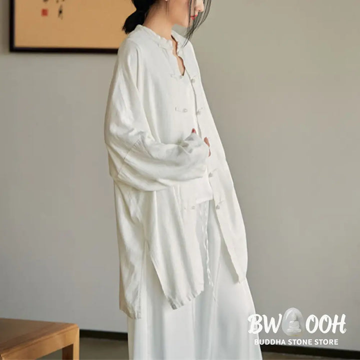 Buddha Stones Plain Frog-Button Design Shirt Zen Tai Chi Meditation Top Clothing Cotton Linen Jacket - Jacket Shirt