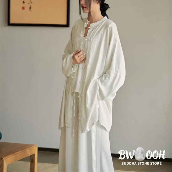 Buddha Stones Plain Frog-Button Design Shirt Zen Tai Chi Meditation Top Clothing Cotton Linen Jacket - Jacket Shirt