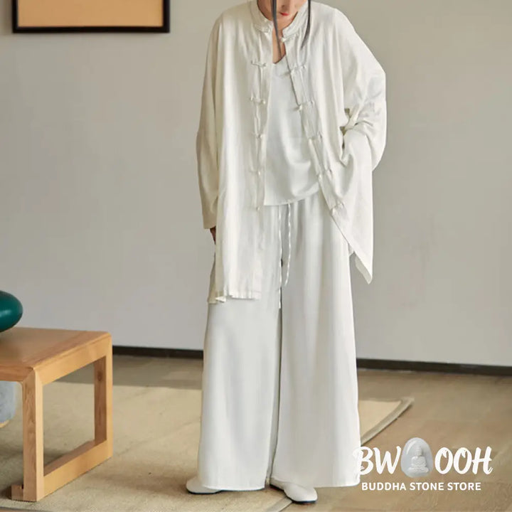 Buddha Stones Plain Frog-Button Design Shirt Zen Tai Chi Meditation Top Clothing Cotton Linen Jacket - Jacket Shirt