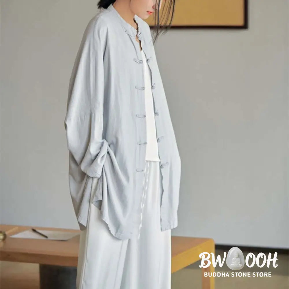 Buddha Stones Plain Frog-Button Design Shirt Zen Tai Chi Meditation Top Clothing Cotton Linen Jacket - Jacket Shirt