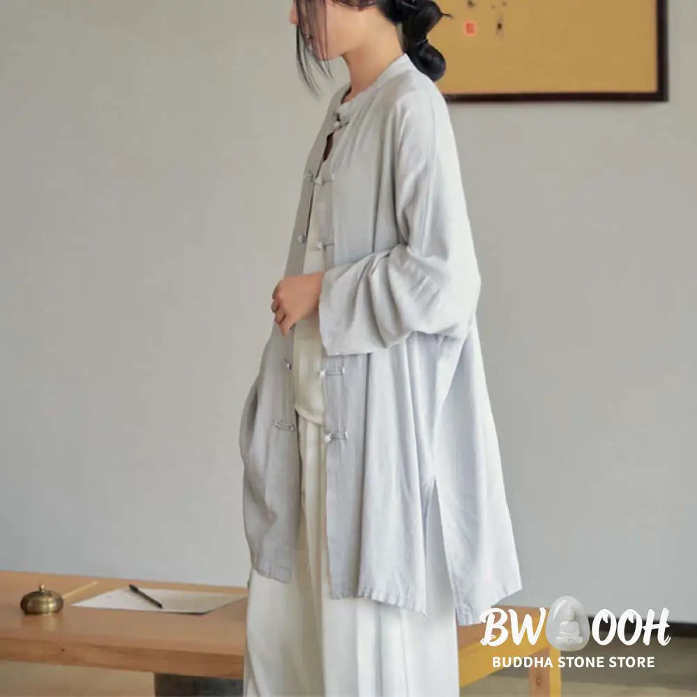 Buddha Stones Plain Frog-Button Design Shirt Zen Tai Chi Meditation Top Clothing Cotton Linen Jacket - Jacket Shirt