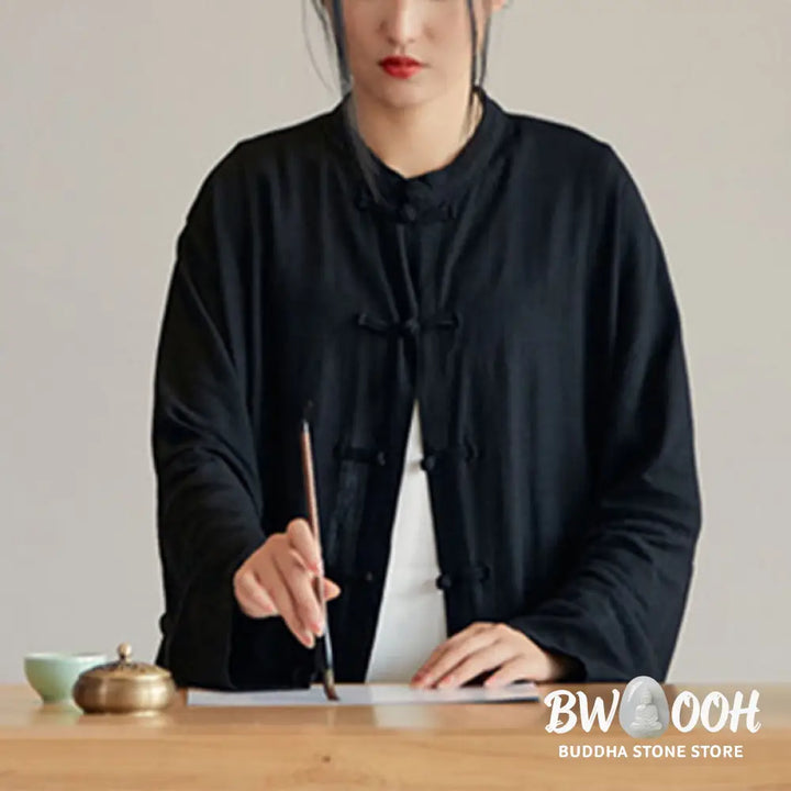 Buddha Stones Plain Frog-Button Design Shirt Zen Tai Chi Meditation Top Clothing Cotton Linen Jacket - Jacket Shirt