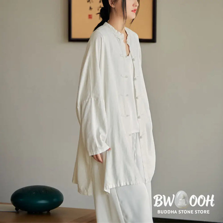 Buddha Stones Plain Frog-Button Design Shirt Zen Tai Chi Meditation Top Clothing Cotton Linen Jacket - Jacket Shirt