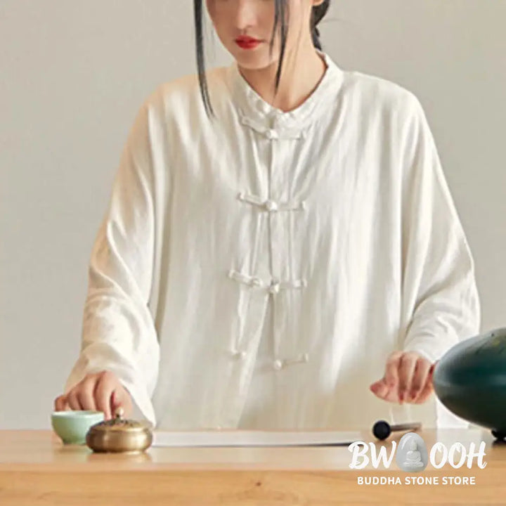 Buddha Stones Plain Frog-Button Design Shirt Zen Tai Chi Meditation Top Clothing Cotton Linen Jacket - Jacket Shirt