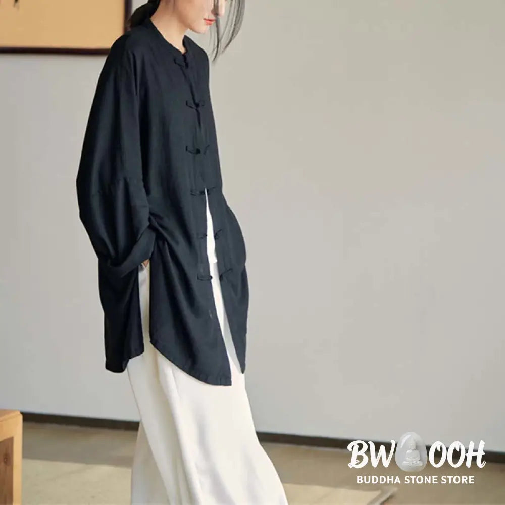 Buddha Stones Plain Frog-Button Design Shirt Zen Tai Chi Meditation Top Clothing Cotton Linen Jacket - Jacket Shirt