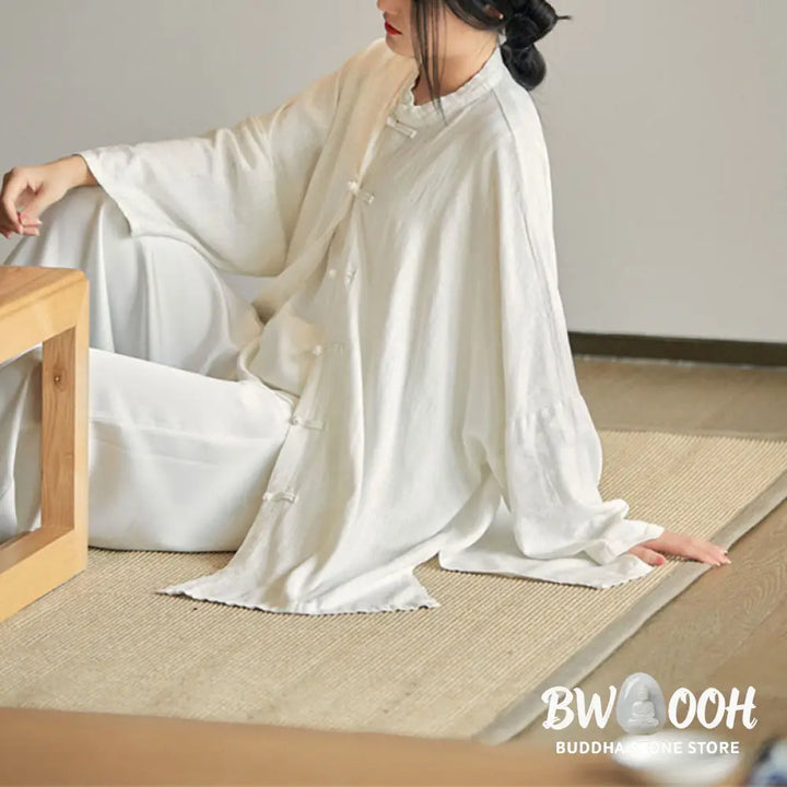 Buddha Stones Plain Frog-Button Design Shirt Zen Tai Chi Meditation Top Clothing Cotton Linen Jacket - Jacket Shirt