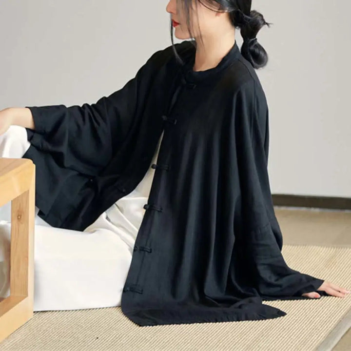 Buddha Stones Plain Frog-Button Design Shirt Zen Tai Chi Meditation Top Clothing Cotton Linen Jacket - Black(Bust