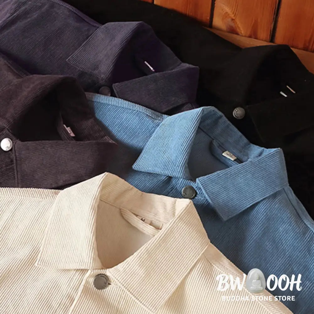Buddha Stones Plain Long Sleeve Button Design Men’s Cotton Jacket Shirt With Pockets - Men’s Jacket
