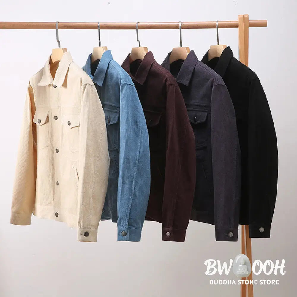 Buddha Stones Plain Long Sleeve Button Design Men’s Cotton Jacket Shirt With Pockets - Men’s Jacket