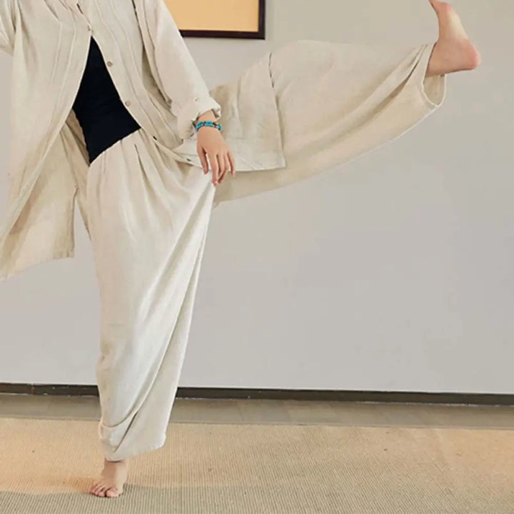Buddha Stones Plain Long Sleeve Coat Jacket Top Wide Leg Pants Zen Tai Chi Yoga Meditation Clothing - Beige / Pants
