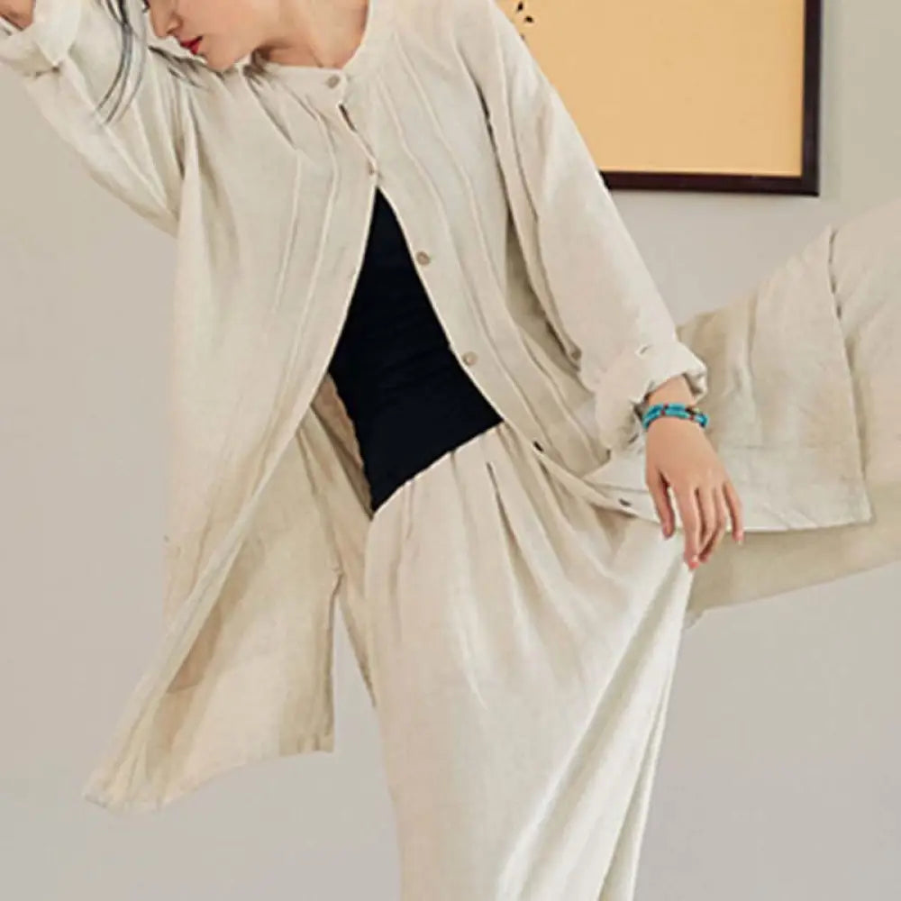 Buddha Stones Plain Long Sleeve Coat Jacket Top Wide Leg Pants Zen Tai Chi Yoga Meditation Clothing - Beige / Coat Only