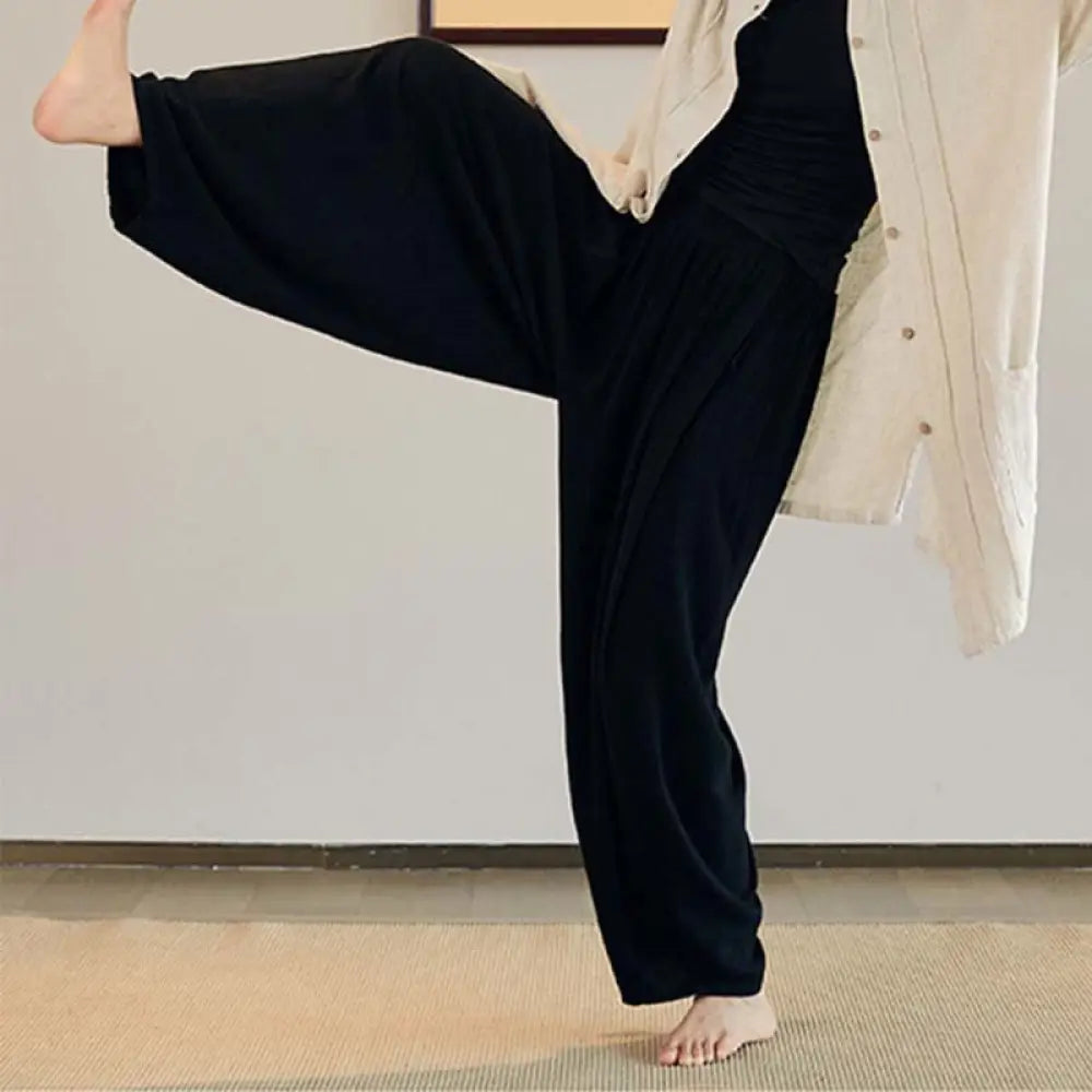 Buddha Stones Plain Long Sleeve Coat Jacket Top Wide Leg Pants Zen Tai Chi Yoga Meditation Clothing - Black / Pants