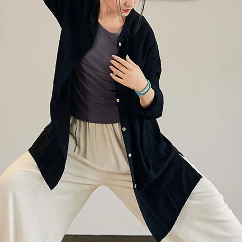 Buddha Stones Plain Long Sleeve Coat Jacket Top Wide Leg Pants Zen Tai Chi Yoga Meditation Clothing - Black / Coat Only