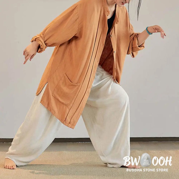 Buddha Stones Plain Long Sleeve Coat Jacket Top Wide Leg Pants Zen Tai Chi Yoga Meditation Clothing - Clothes