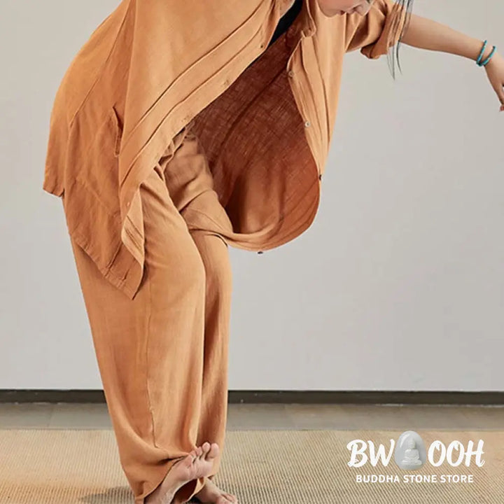 Buddha Stones Plain Long Sleeve Coat Jacket Top Wide Leg Pants Zen Tai Chi Yoga Meditation Clothing - Clothes