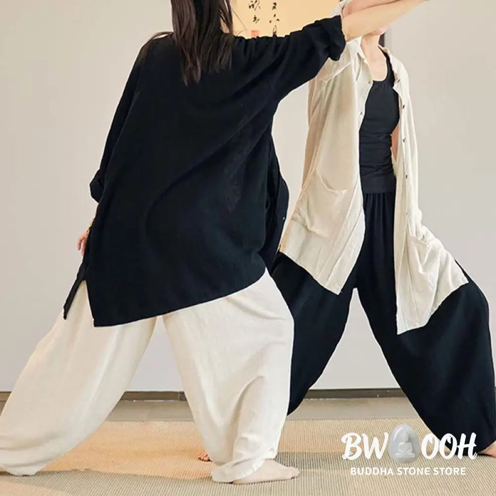 Buddha Stones Plain Long Sleeve Coat Jacket Top Wide Leg Pants Zen Tai Chi Yoga Meditation Clothing - Clothes