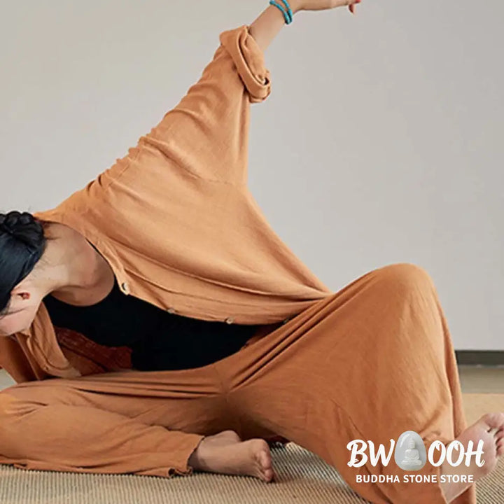 Buddha Stones Plain Long Sleeve Coat Jacket Top Wide Leg Pants Zen Tai Chi Yoga Meditation Clothing - Clothes