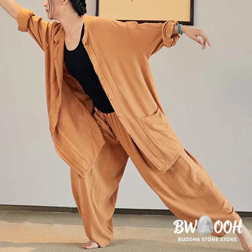 Buddha Stones Plain Long Sleeve Coat Jacket Top Wide Leg Pants Zen Tai Chi Yoga Meditation Clothing - Clothes