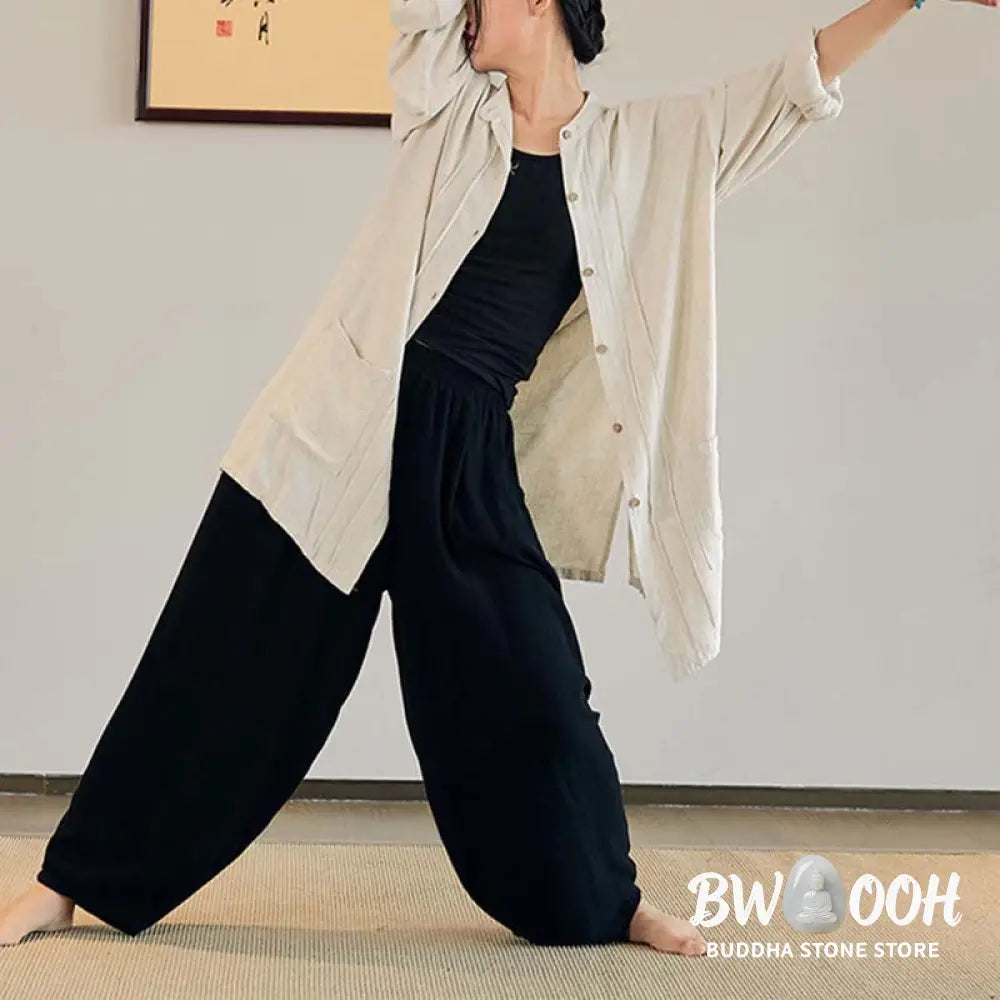 Buddha Stones Plain Long Sleeve Coat Jacket Top Wide Leg Pants Zen Tai Chi Yoga Meditation Clothing - Clothes