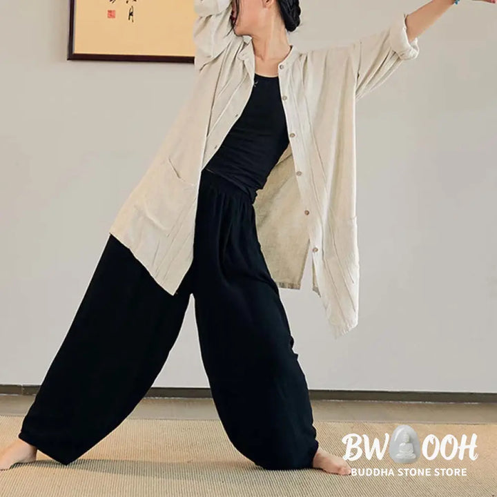 Buddha Stones Plain Long Sleeve Coat Jacket Top Wide Leg Pants Zen Tai Chi Yoga Meditation Clothing - Clothes